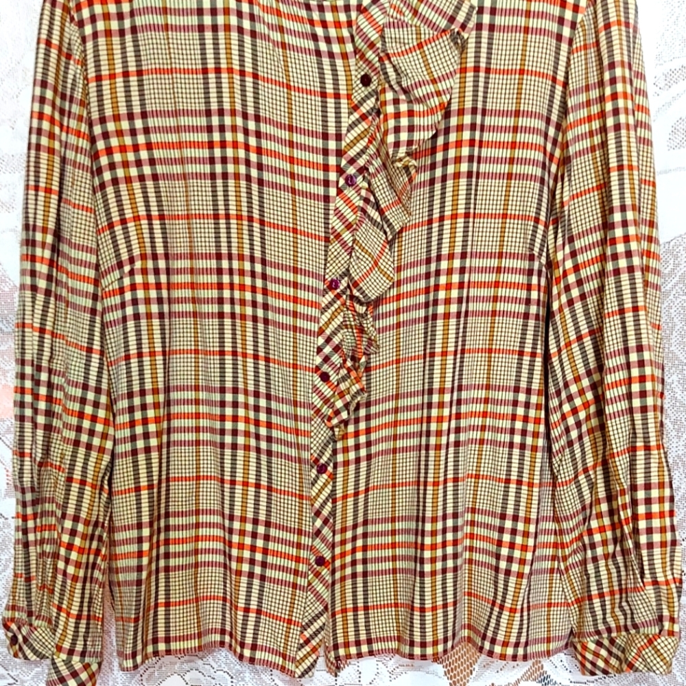 Zara cream and orange plaid blouse size XL